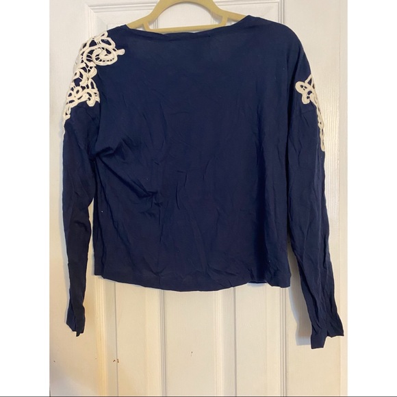 Navy Blue Long Sleeve Tee w/ White Lace | Size S - Picture 2 of 3